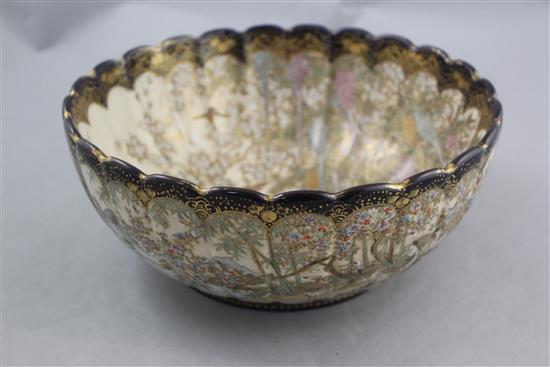 A Japanese Satsuma pottery fluted bowl, signed Hododa, Meiji period, 24cm, some wear to gilding